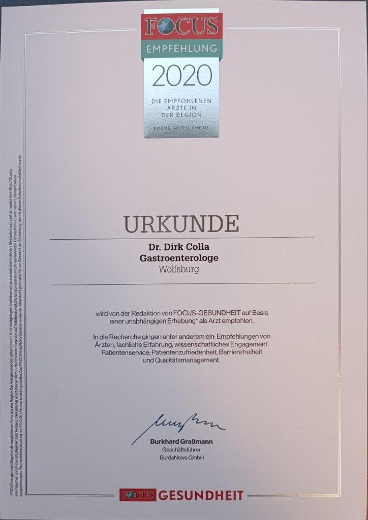 Focus Zertifikat 2020 Gastroenterologe